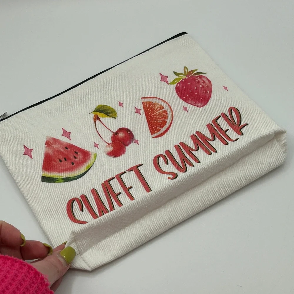 Sweet Summer Fruit Canvas Cosmetic Pouch Makeup‎ Bag with Cherry Bell Charm NWOT